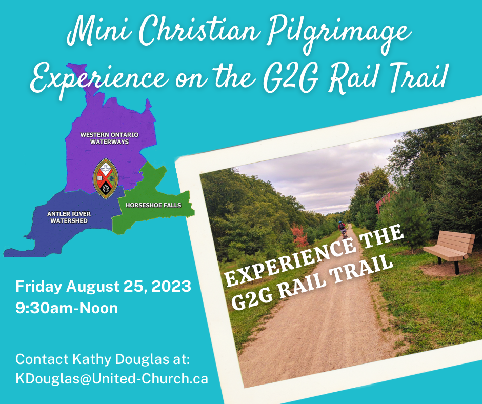 a blue event poster with a picture of a dirt trail for a mini pilgrimage