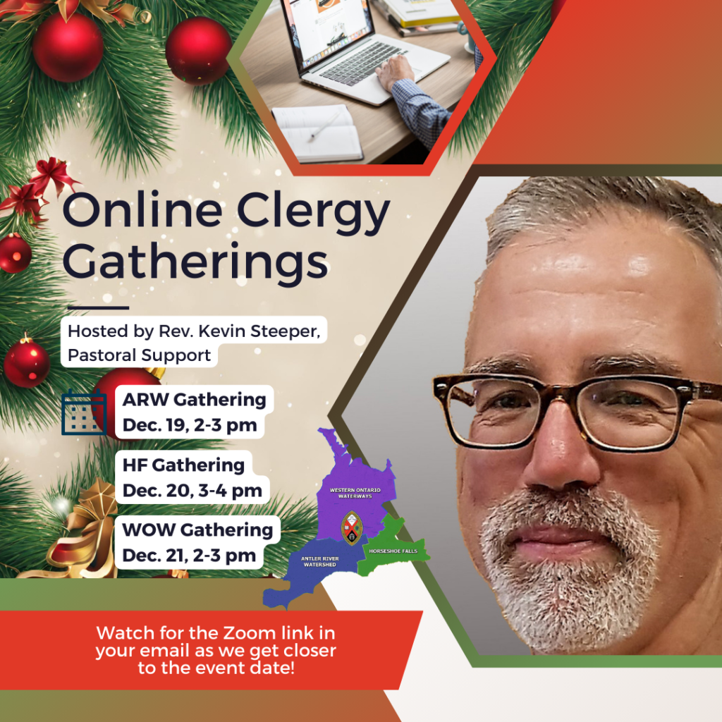 a man named kevin steeper with a beard and glasses promoting a clergy gathering, in the background Christmas decorations