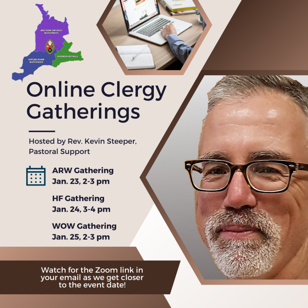 a man named kevin steeper with a grey beard and wearing glasses promoting a clergy gathering
