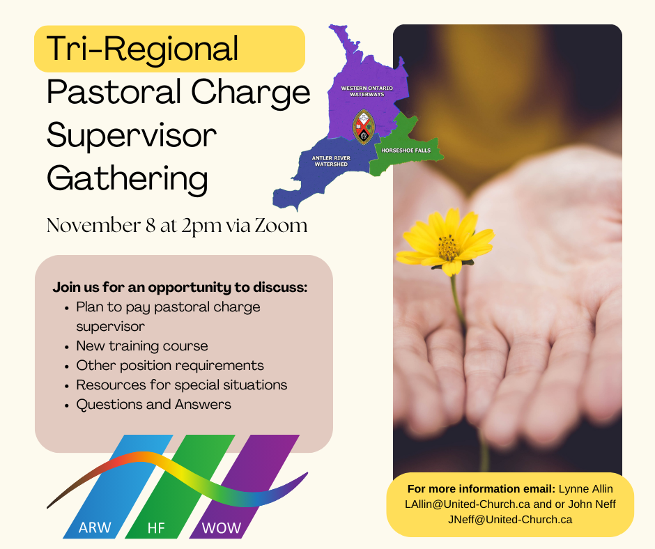 hands holding a yellow flower an event poster for a tri-region gathering of pastoral charger supervisors