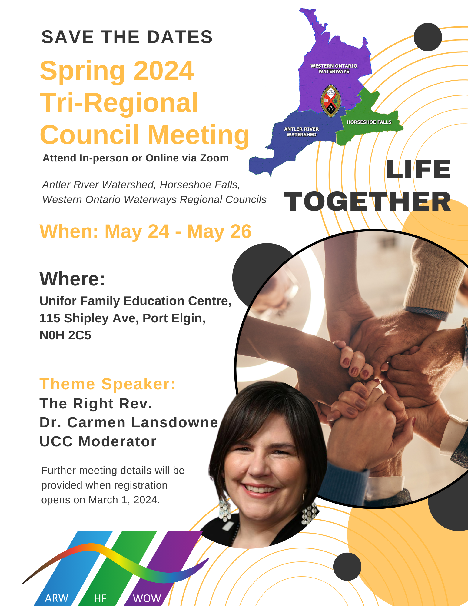 hands holding together, a woman with dark hair named Carmen Landsdowne promoting a meeting