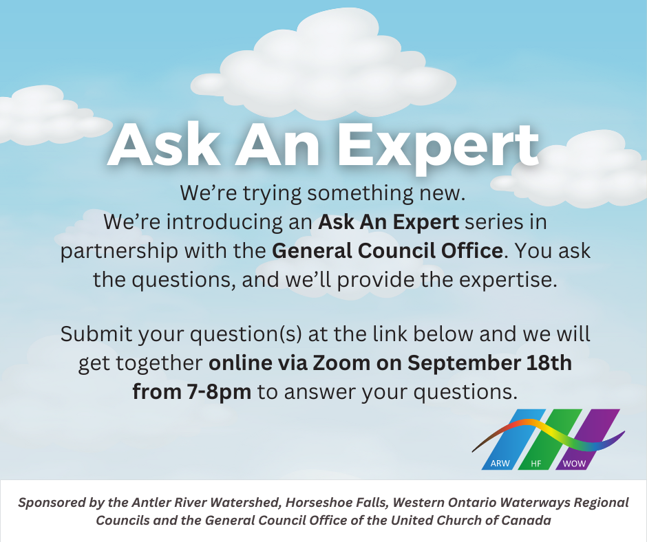 ask an expert event poster in the background in a blue sky with white puffy clouds