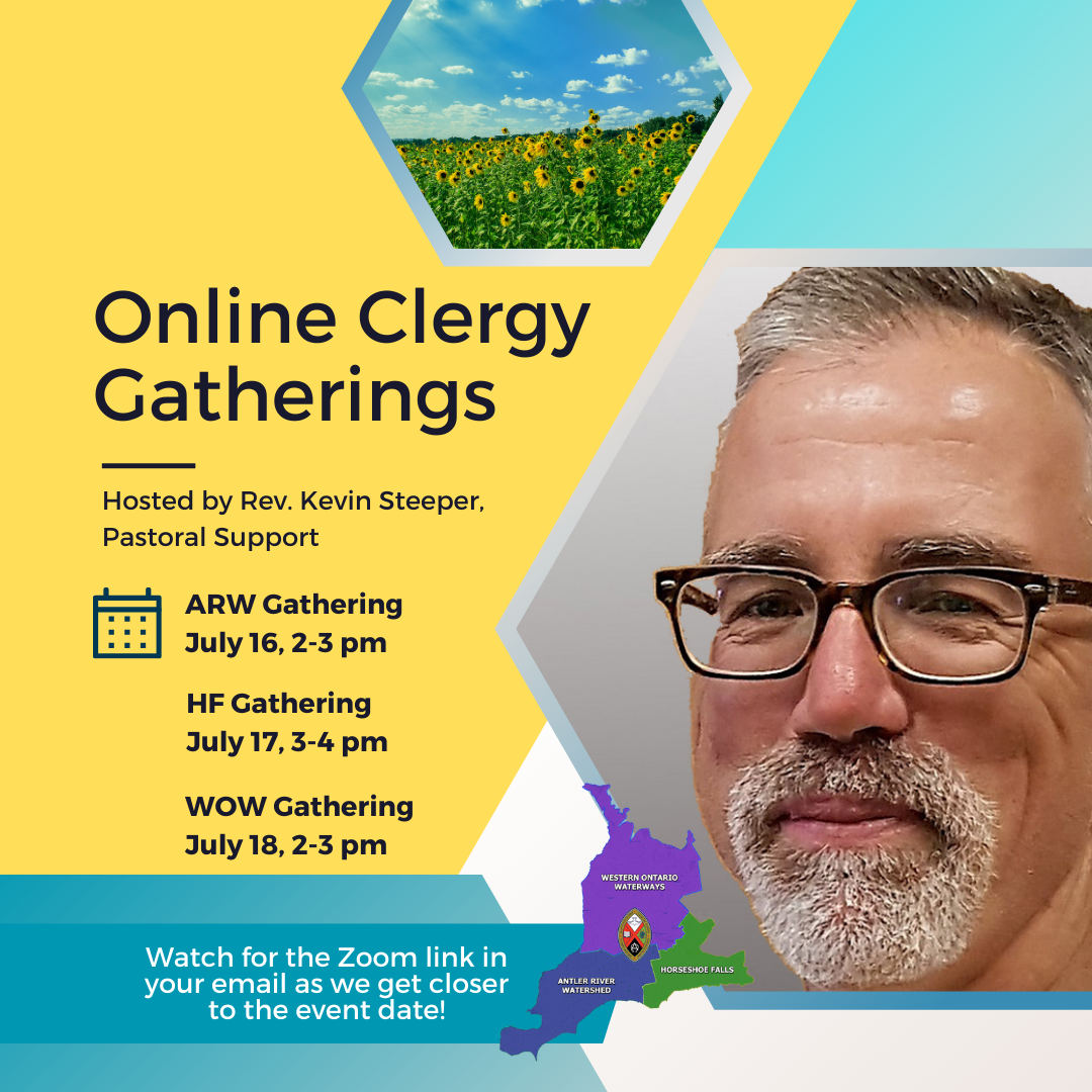 a man named Kevin Steeper with grey hair wearing glasses and a beard an event graphic for online clergy gathering highlights in yellow