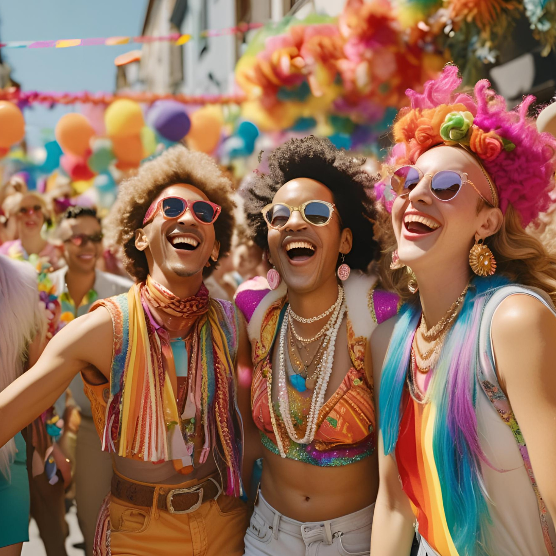 three people dressed in 2SLGBTQIA outfits