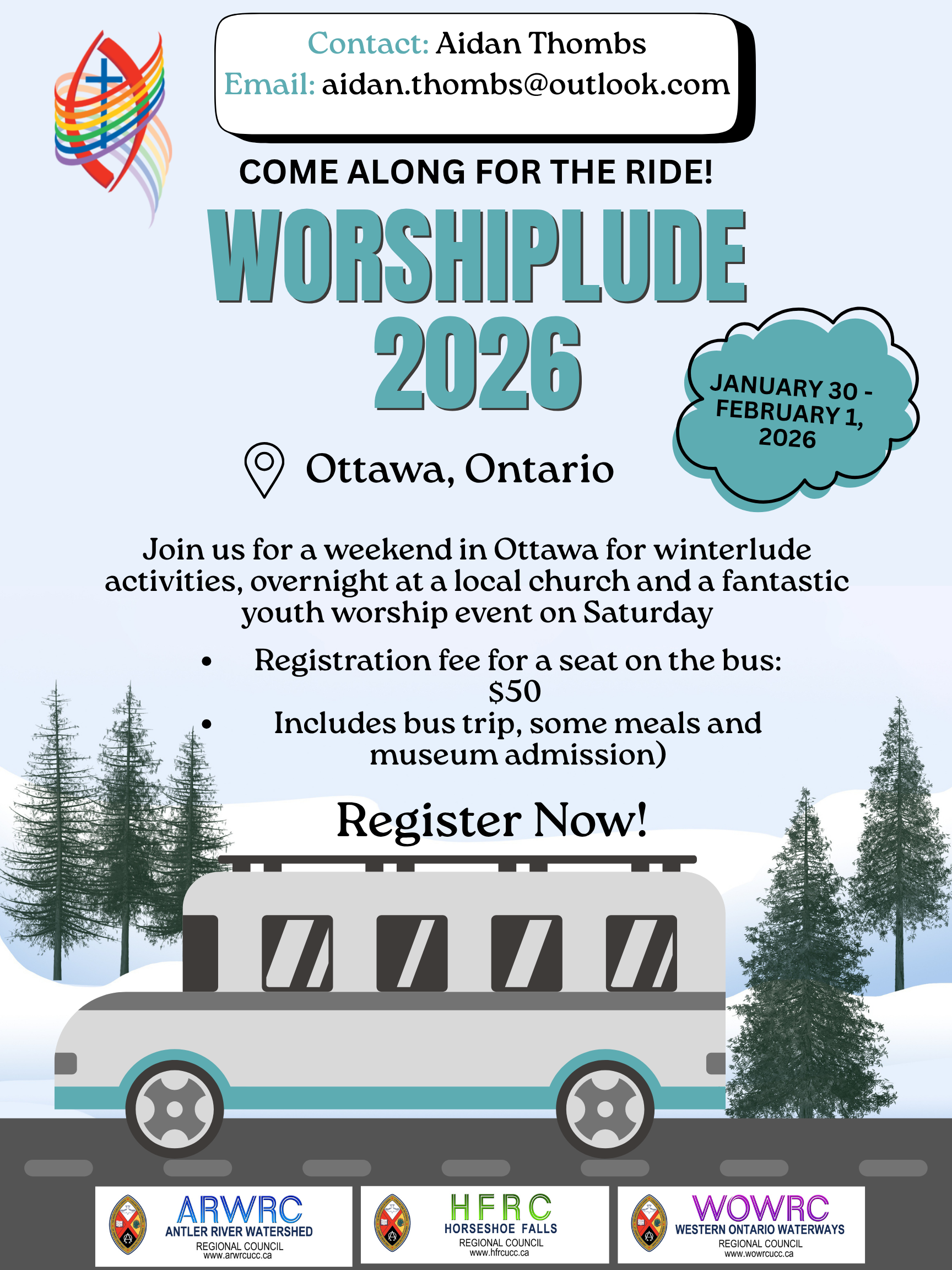 a grey bus with snow and pine trees in the background