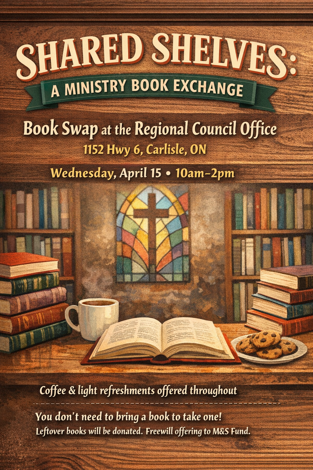 an open book with a mug of coffee and cookies at the side in the background a christian cross and shelves of books